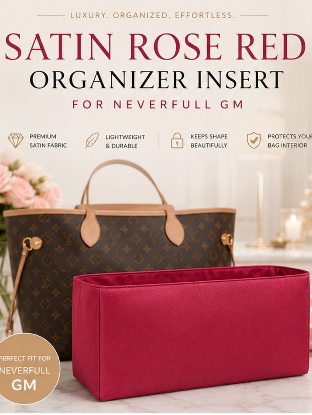 Luxury Satin Rose Red Organizer Insert for Louis Vuitton Neverfull GM | Premium